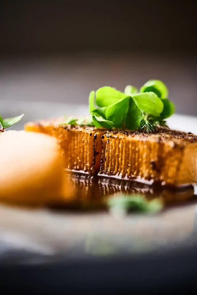 Gratin végétal millimétré et jus réduit – composition culinaire haut de gamme par Jonathan Thevenet à Lyon