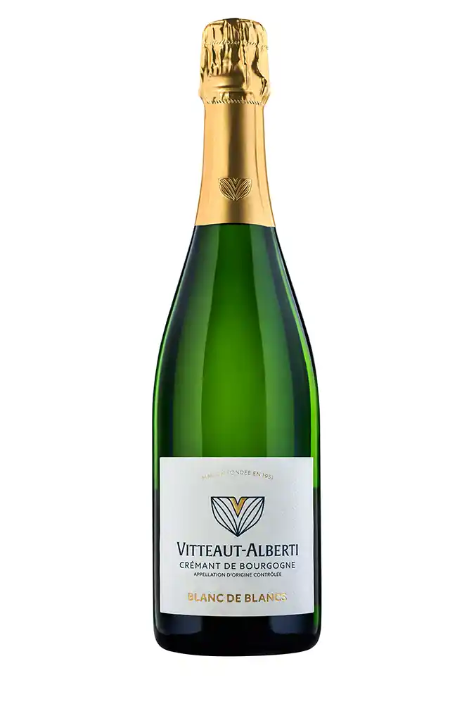 Packshot studio d'une bouteille de crémant de Bourgogne Blanc de Blancs Vitteaut-Alberti sur fond blanc