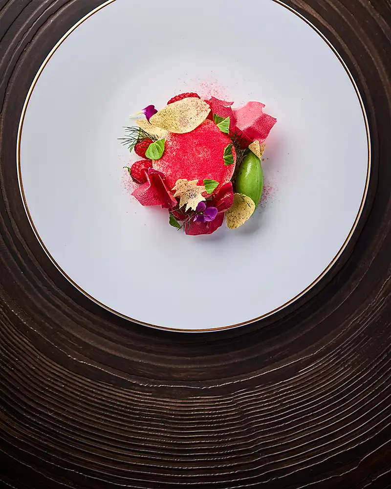 Dessert gastronomique sorbet et framboises en vue de dessus sur socle de bois sombre, restaurant Saisons, photographe culinaire Lyon